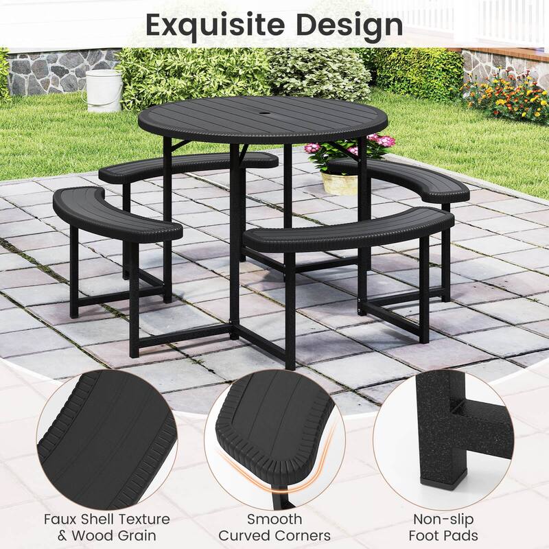 Costway Round Picnic Table Bench Set with 4 Benches Umbrella Hole All - See Details