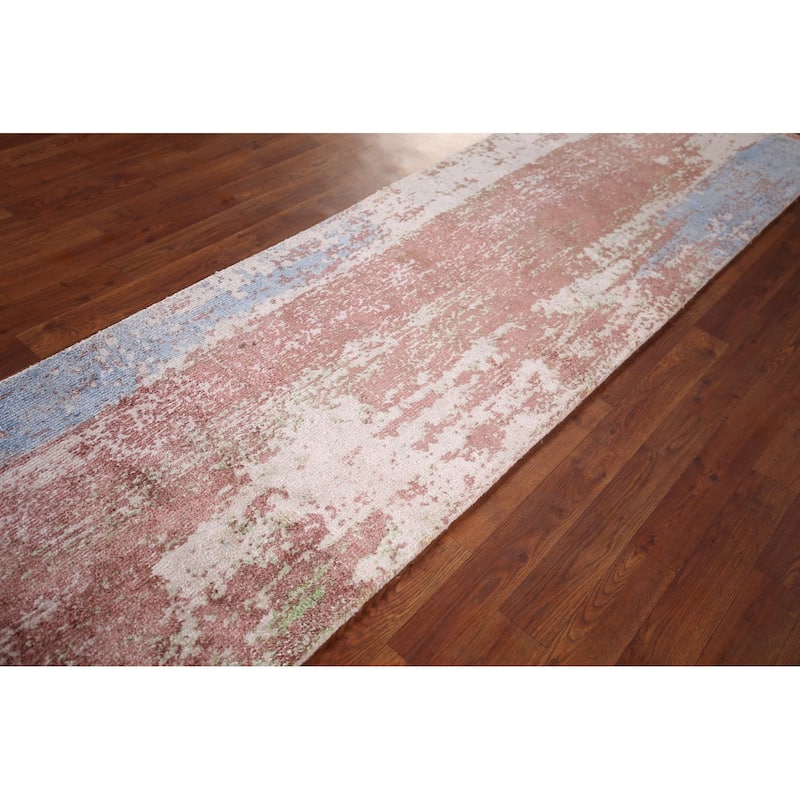 Hand Knotted Oriental 100% Wool Carpet Modern All-Over Multi-Colored Abstract Runner Rug - 8' 8'' X 2' 4''
