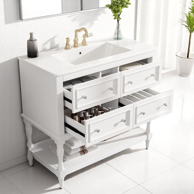 36 Inch Bathroom Vanity Sink Combo, Undermount Ceramic Basin, MDF and Solid Wood Cabinet with 4 Storage Drawers