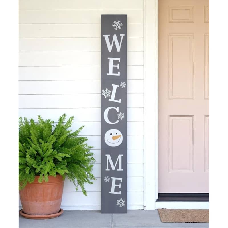 HomeRoots 72" Gray And White Solid Wood Welcome Christmas Snowman Porch Sign - White/Grey - Wood