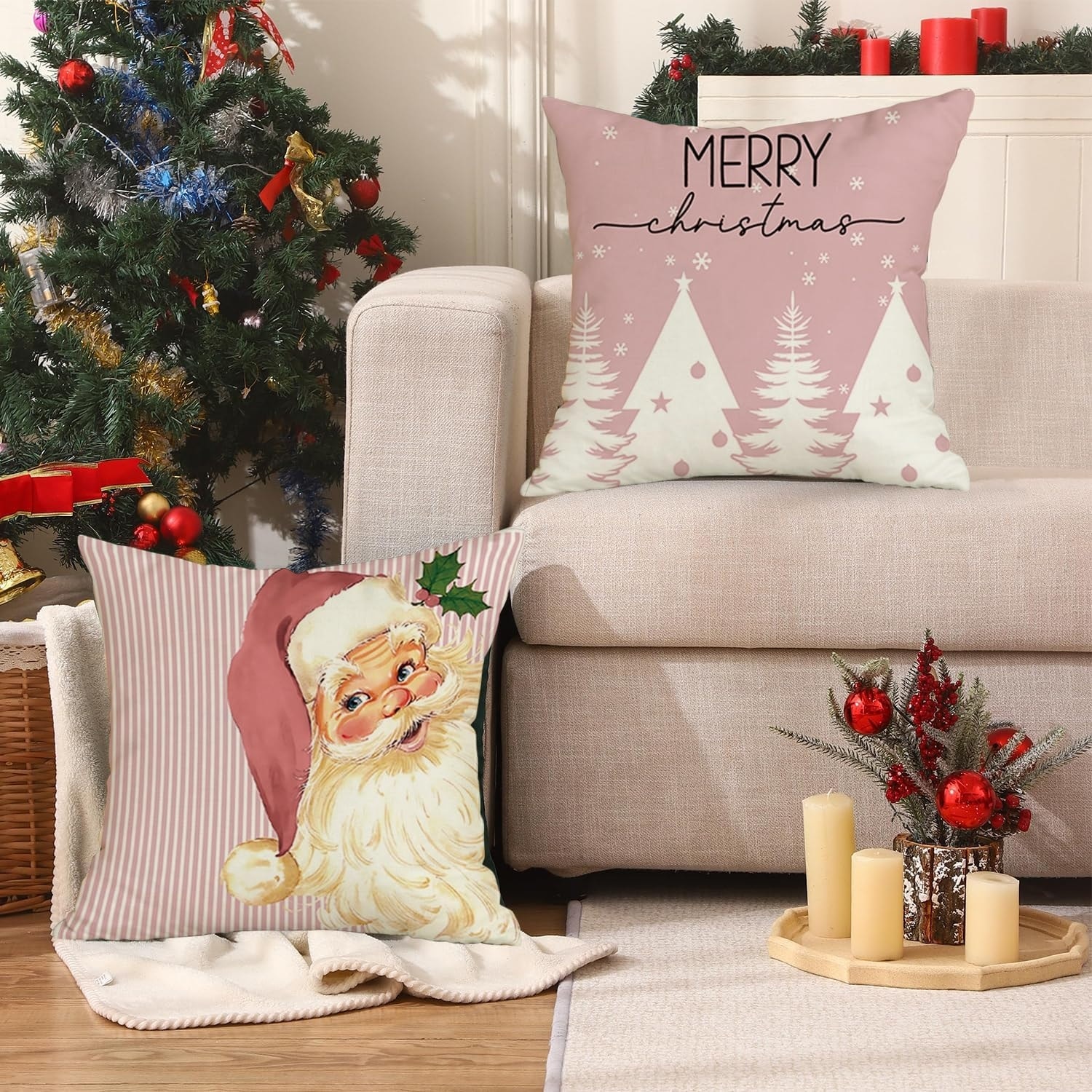 Santa Claus Christmas Tree Pillow Covers Set of 2 Merry Christmas