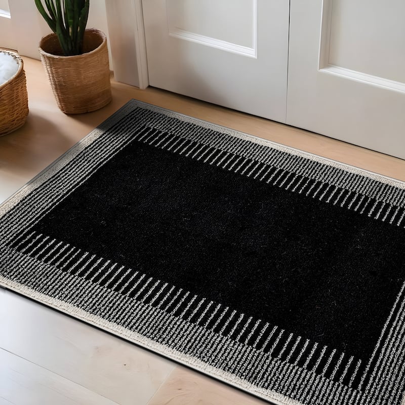 World Rug Gallery Modern Abstract Bordered Area Rug for Living Room, Bedroom, or Entryway - Low Pile Indoor Rug - Black - Rectangle - 2' x 3'