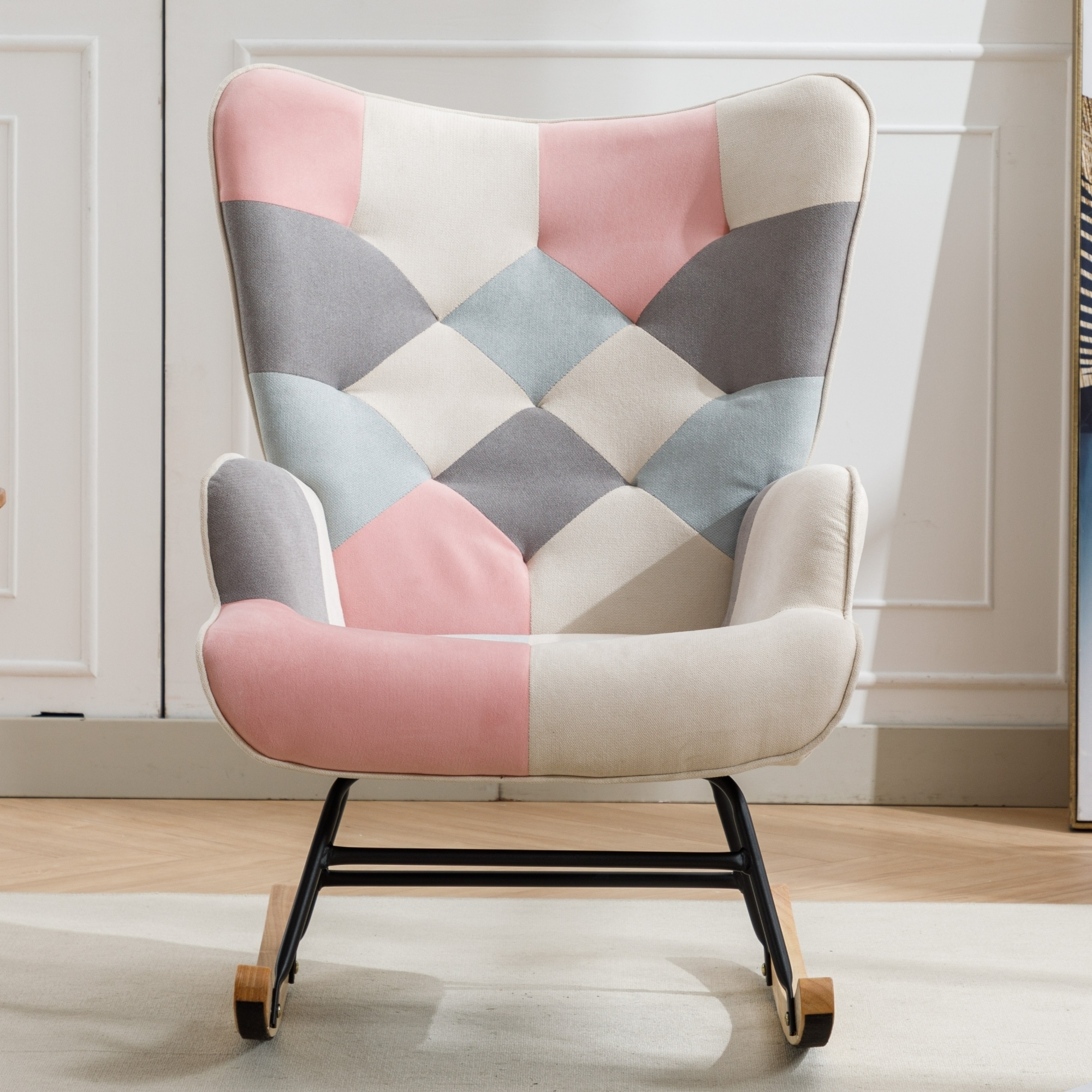 Nursery Glider Rocking Chair Patchwork Accent Chair Lounge Rocker Chair Pink Linen Fabric
