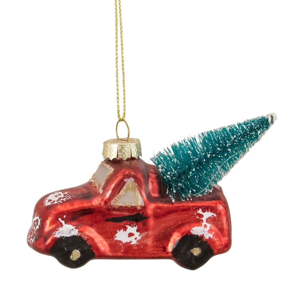 Metallic Truck with a Sisal Tree Glass Christmas Ornament - 3.75" - Red and White - 2.25"