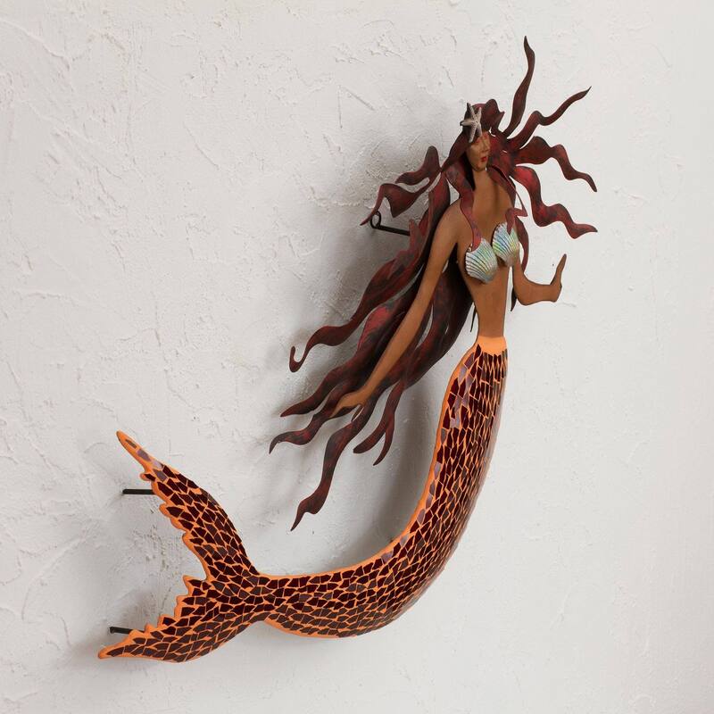 Handmade Ocean Queen Iron and glass mosaic wall sculpture (Mexico) - 88 x 44 x 12