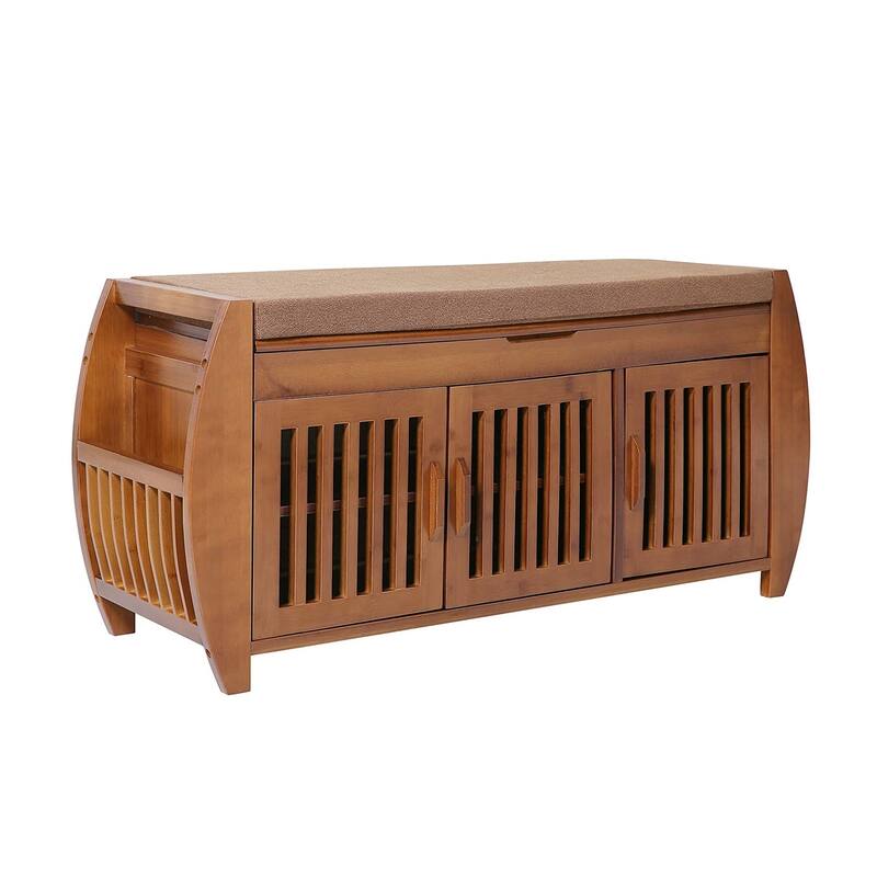 Bamboo Shoe Storage Bench with Storage Space and Padded Seat Cushion, for Entryway, Living Room, Bedroom, Brown - 40.2(L) x 12.6(W) x 18.3(H)