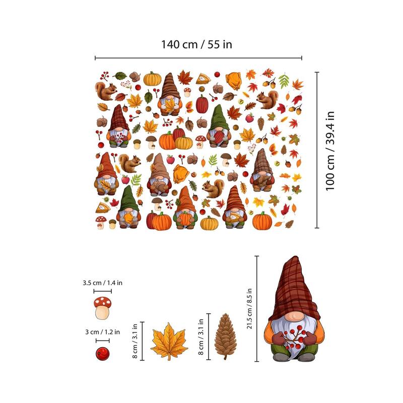 WALPLUS Autumn Leaves With Gnomes Thanksgiving Window Clings Window Decoration Double Sided Reusable Electrostatics PVC