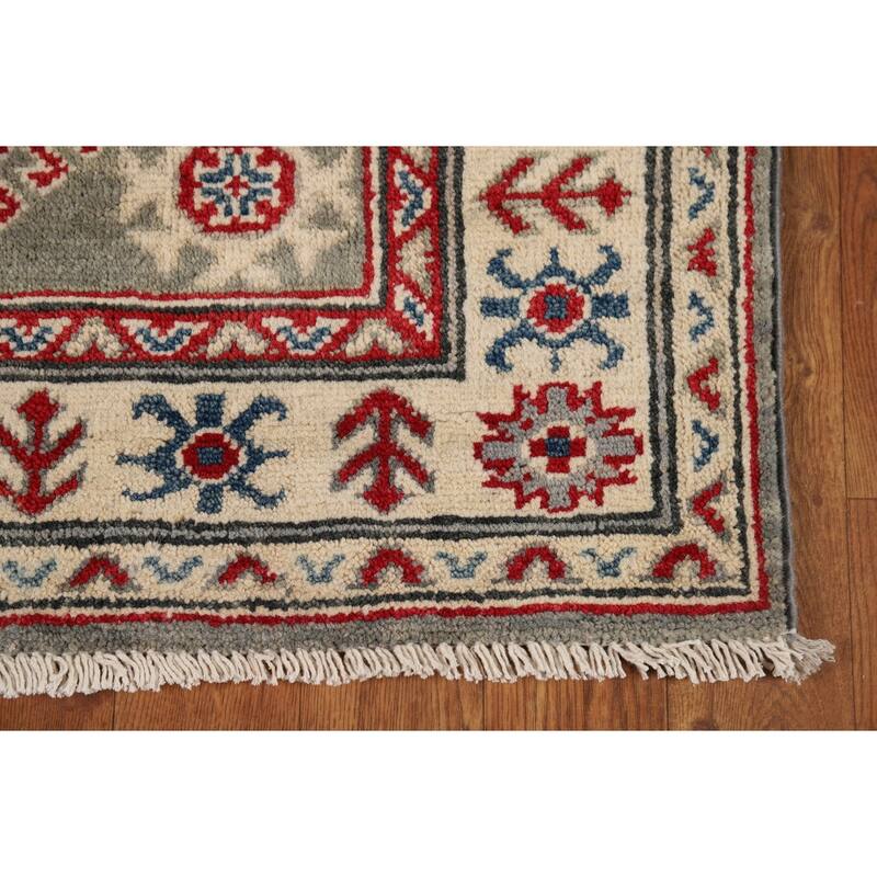 Geometric Kazak Runner Rug Handmade Oriental Grey Wool Carpet - 2'7" x 16'3"