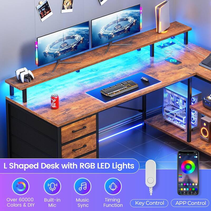 L Shaped Desk with 4 Drawers and Storage Shelves Gaming Desk