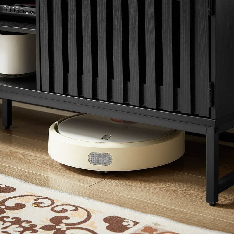 Mid Century Modern TV Stand, TV Media Console with Slatted Grille Striped Doors, and 4 Shelves, for Living Room Bedroom