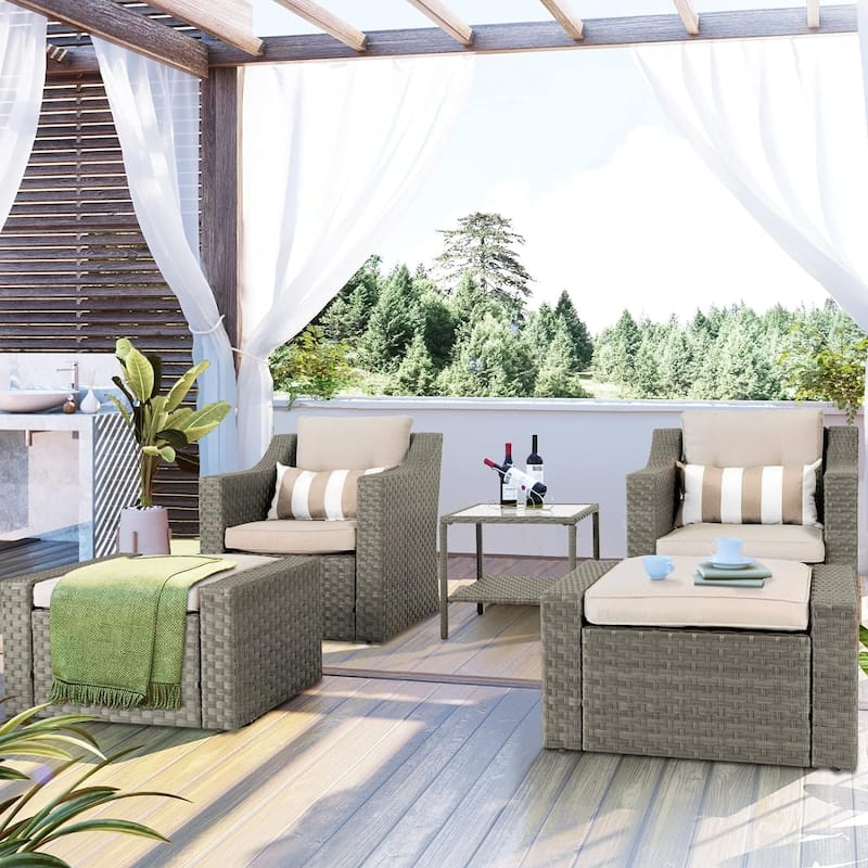 5-piece Outdoor Patio Wicker Lounge Chair and Ottoman Conversation Set
