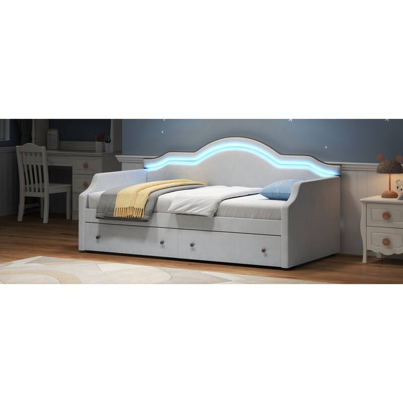 Roomfitters Twin Size Upholstered Daybed with LED Light Strip and Underbed Storage Drawers, Wave Shape Padded Frame, White