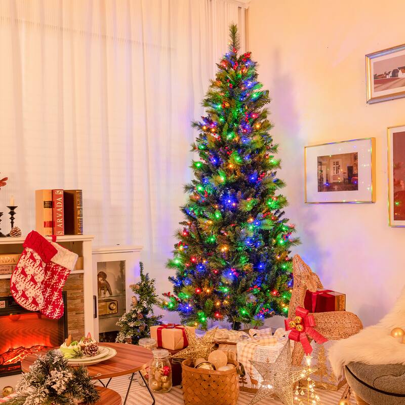 Gymax 7 FT Pre-Lit Artificial Christmas Tree w/ 974 Branch Tips & 400