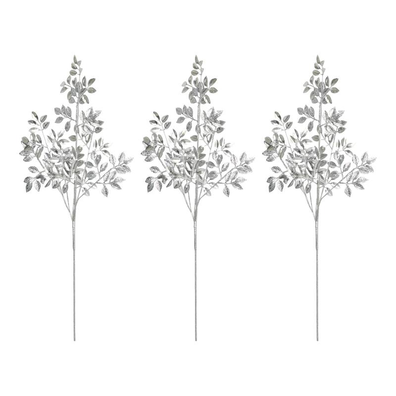 30" Glittered Leaves Spray, Silver, Set of 3 - Silver