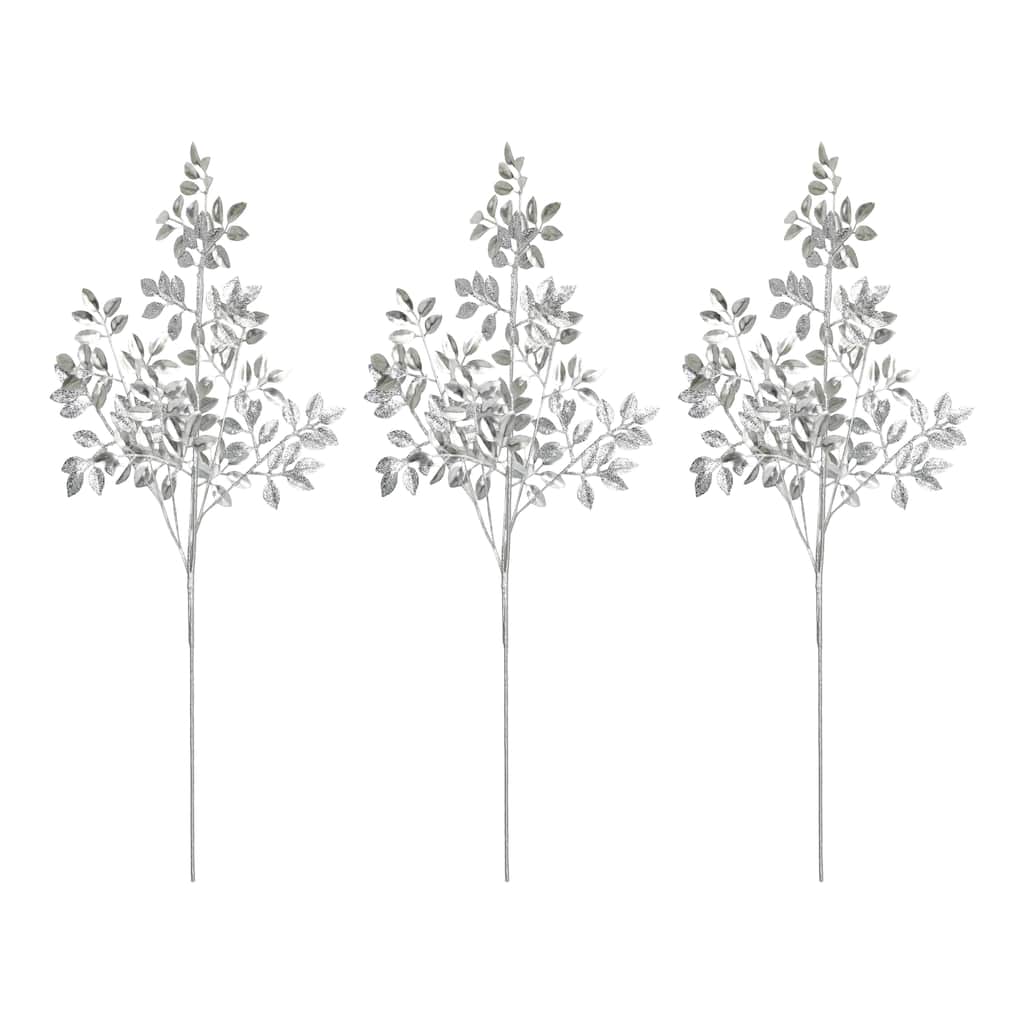 30" Glittered Leaves Spray, Silver, Set of 3 - Silver