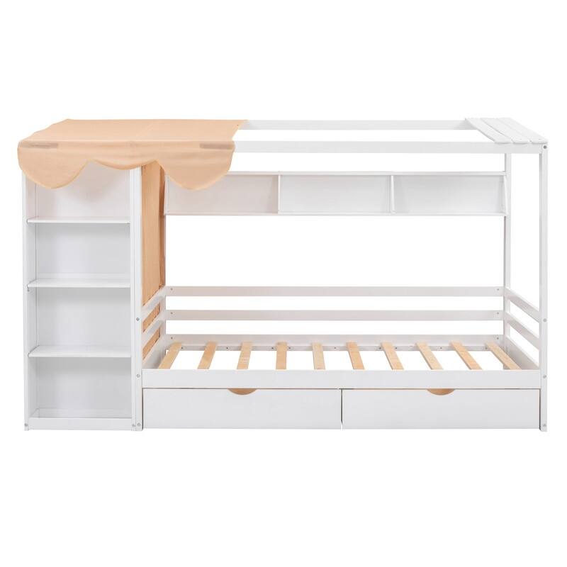Twin Size Wood House Bed with Two Drawers,Shlves and Small Wardrobe
