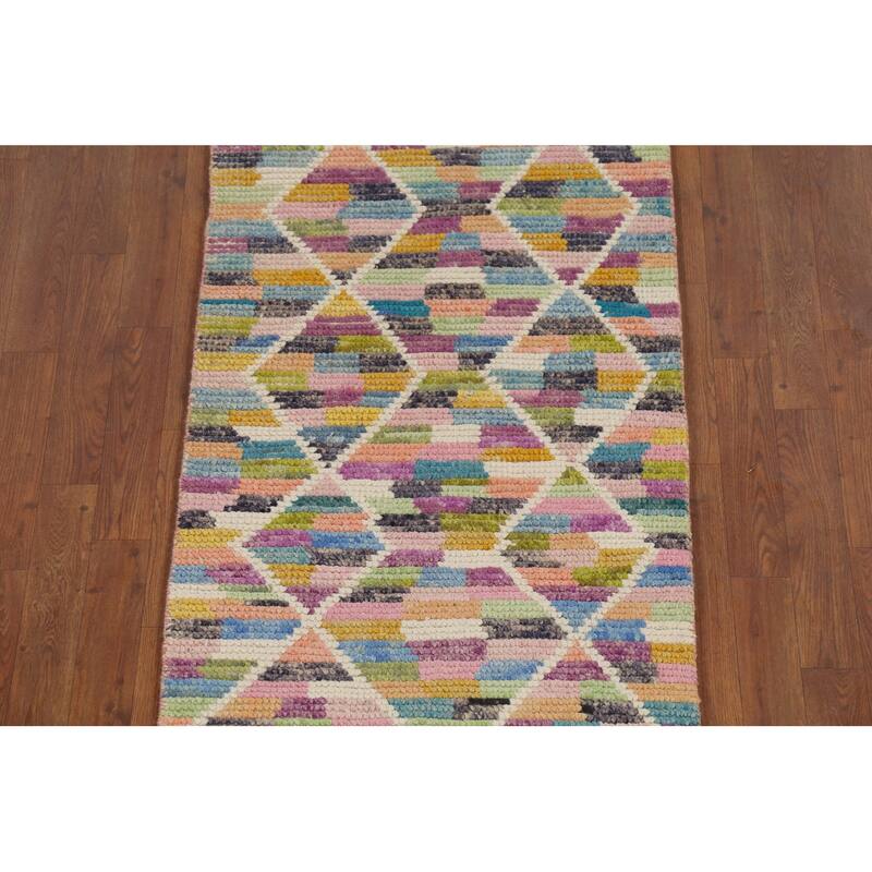 Modern Trellis Moroccan Oriental Runner Rug Hand-Knotted Wool Carpet - 2'5"x 12'8"