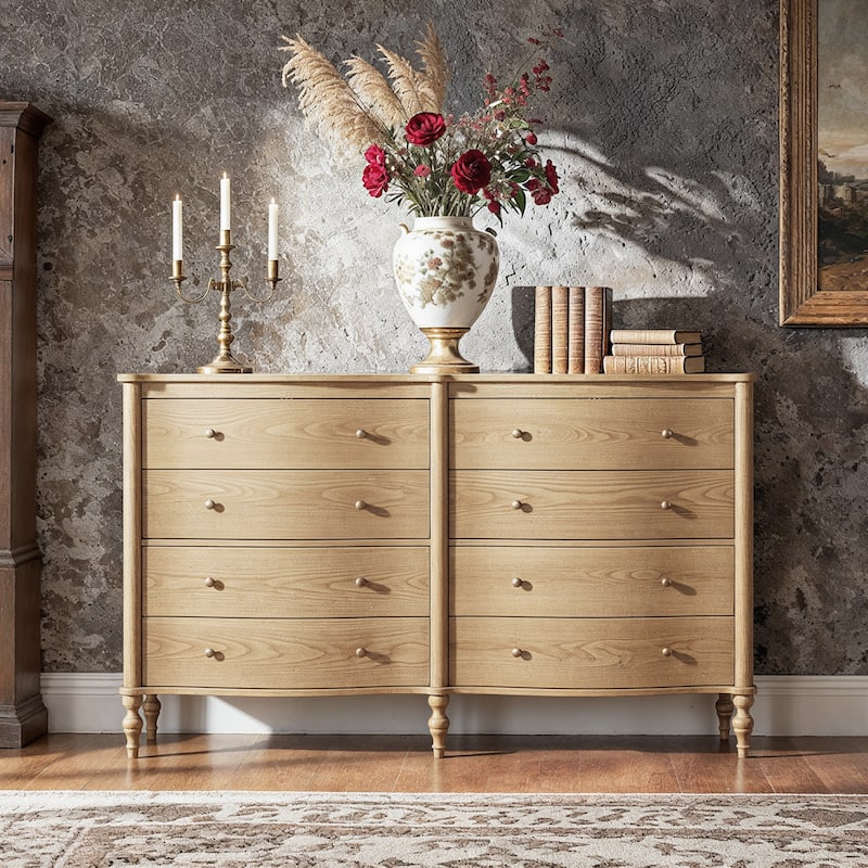Elegant 8-Drawer Dresser with Solid Wood Legs, Vintage Curved Front Chest of Drawers for Bedroom Storage
