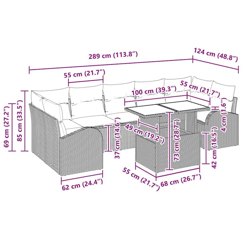 vidaXL 8 Garden Sofa Set with Cushions Black/Brown/Grey Poly Rattan - 113.8 x 48.8 x 27.2