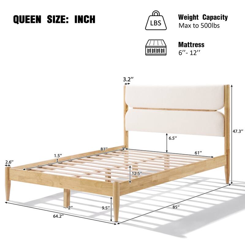 Solid Wood Platform Bed Frame with Ivory Fleece Upholstered Headboard, Wood Slats Support and Center Wood Legs
