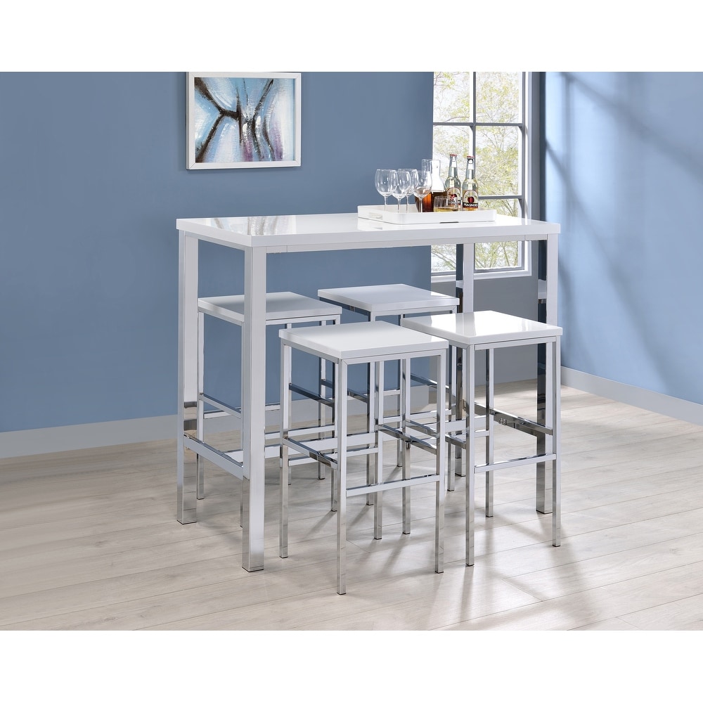 Plata Import SetStoolsyBarT21 Meshi Modern Bar Set White Adjustable Bar Table with 2 Bar Stools in White