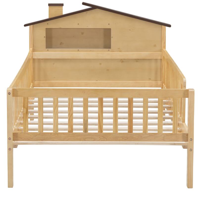 Natural Twin Size Wood Platform Bed with House-shaped Headboard, LED, and Storage