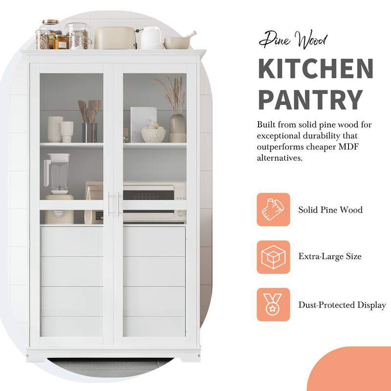 Roomfitters 75" Kitchen Pantry, Freestanding Storage Cabinet Display Cabinet with Glass Doors and 4 Drawers