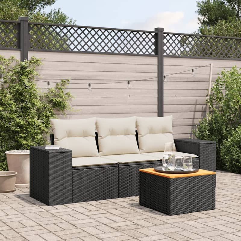 vidaXL Patio Sofa Set with Cushions Outdoor Furniture 4 Piece Poly Rattan - 21.7 x 21.7 x 14.6 - Black and cream Medium