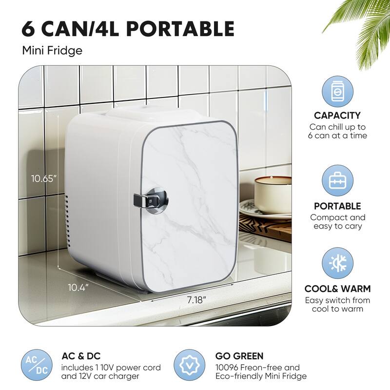 Portable Mini Refrigerator, 4L/6 Can Cooler & Warmer Fridge for Bedroom, Dorm, Car, Office