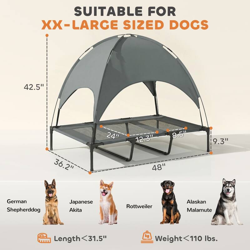 PawHut 48" x 36" Elevated Dog Cot Cooling Pet Bed With UV Protection Canopy Shade