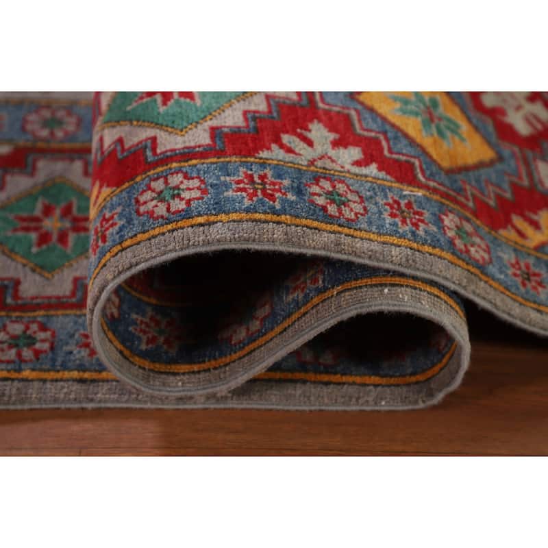 Grey Geometric Kazak Area Rug Hand-Knotted Wool Carpet - 8'2"x 11'5"