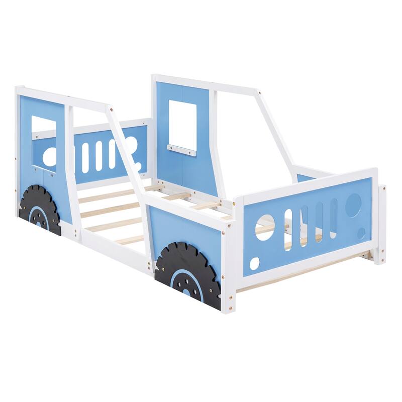Twin Bed Frame Jeep Shaped Platform Bed Creativity Kids Bed Support Floor Bed Car Bed with 2 Doors and Windows Slat - Blue