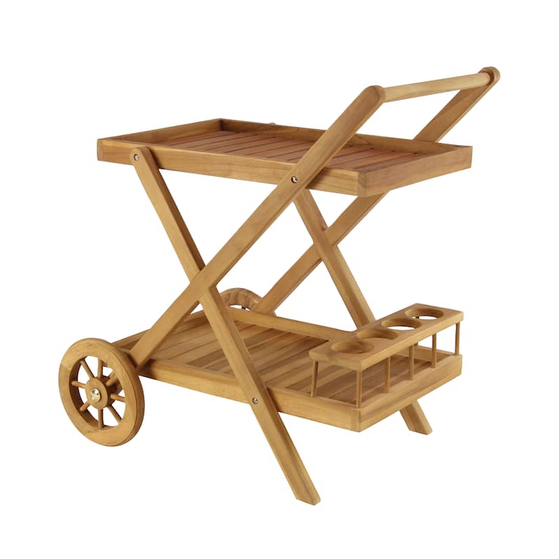 Teak Wood Indoor Outdoor Rolling 2 Shelves Bar Cart with Wheels and Handle - Brown - Roche River Decor - 21"W x 32"L x 32"H