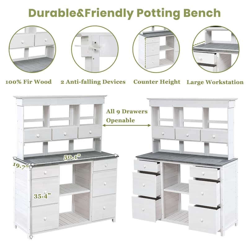 Outdoor Wooden Potting Bench Table with 2 Drawers and Open Shelves
