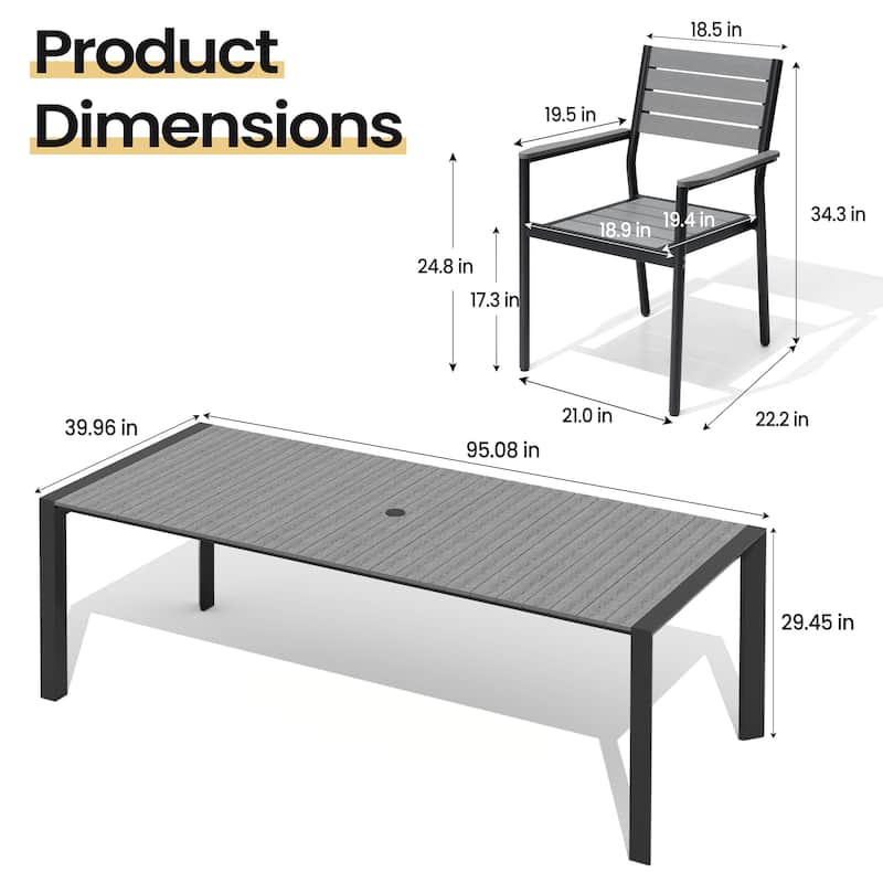 Set of 11 Outdoor Patio Dining Set WoodLike Table Top Aluminum Umbrella Hole Table with Stackable Chairs