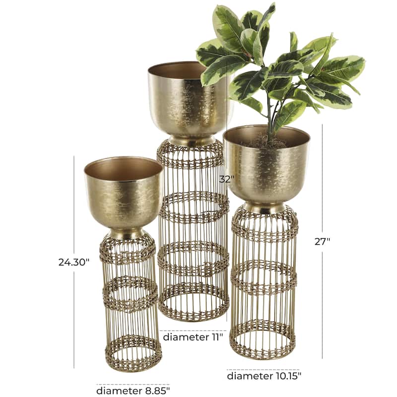 Metal Textured Dome Indoor Planter with Woven Seagrass or Rattan and Cage Rod Base - Set of 3 Gold or Silver - Roche River Decor