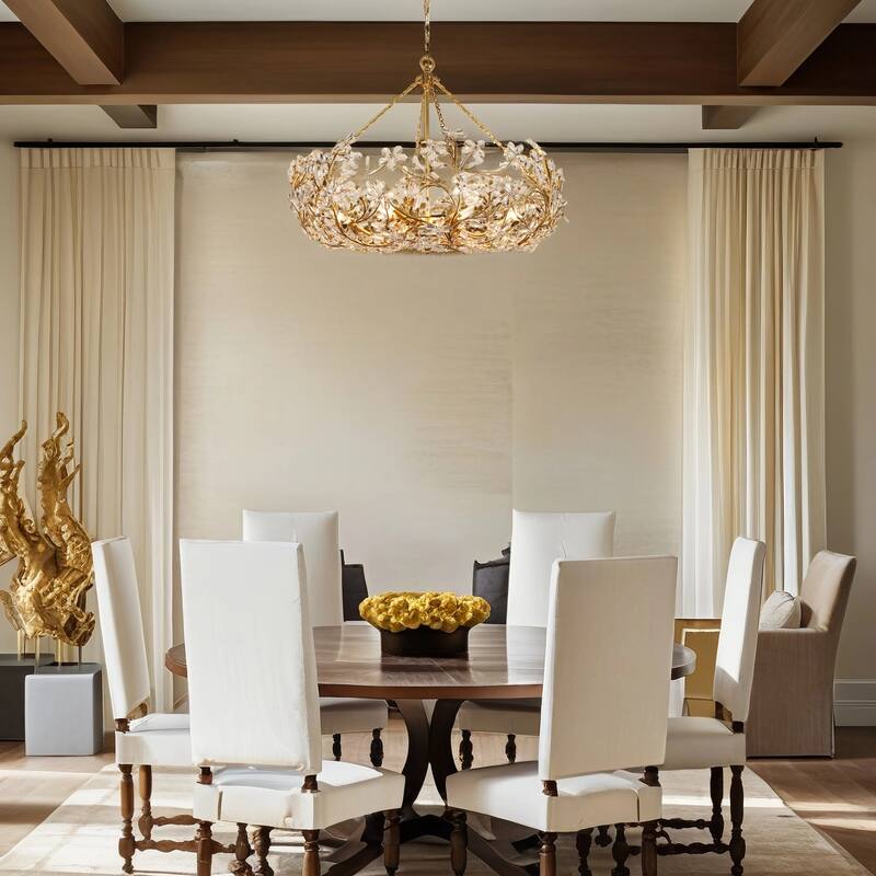 Luxury 12-Light Crystal Floral Chandelier Handcrafted Gold Foil Antique Statement Ceiling Light - Width 35" × Height 28.5"