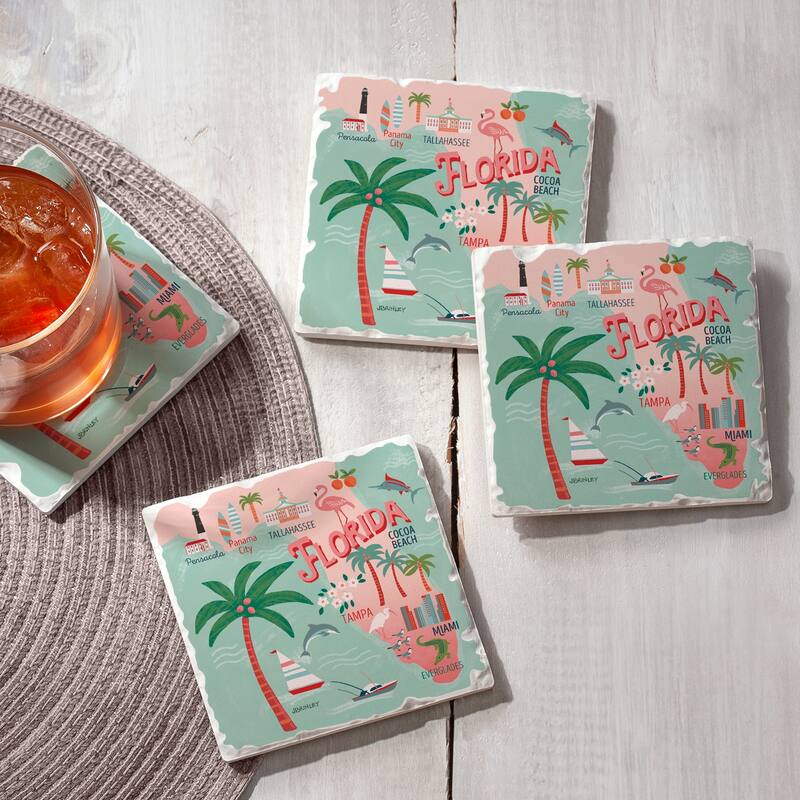 Absorbent Stone Beverage Coasters - Set of 4 - - State Attractions - FL - Multi-49
