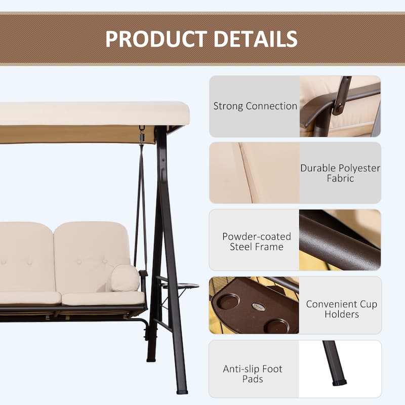 Outsunny Outdoor Patio 3-Person Canopy Cushioned Seat Bench Swing with Included Side Trays & Padded Comfort