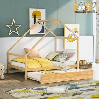 Natural Full Wooden House Bed with Trundle