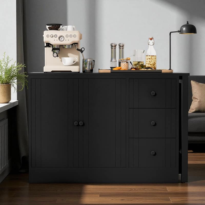 89.7" Wooden Sideboard Buffet Cabinet with Extendable Table, 2 Doors, 3 Drawers, Adjustable Shelf for Kitchen or Living Room - Black