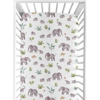Sweet Jojo Designs Watercolor Elephants Boy Girl Gender Neutral Fitted Crib Sheet Green Grey Jungle Safari Palm Trees Leaf Gray