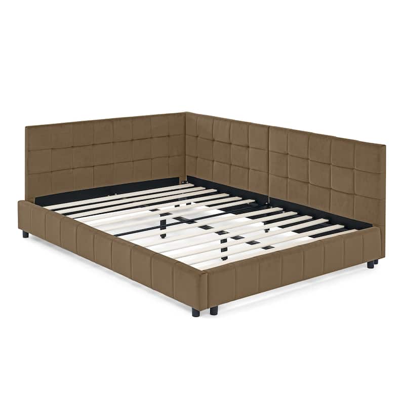 Mid-Century Full Size Velvet Daybed with Tufted Backrest & Armrests, Upholstered Sofa Bed Frame for Bedroom or Living Room