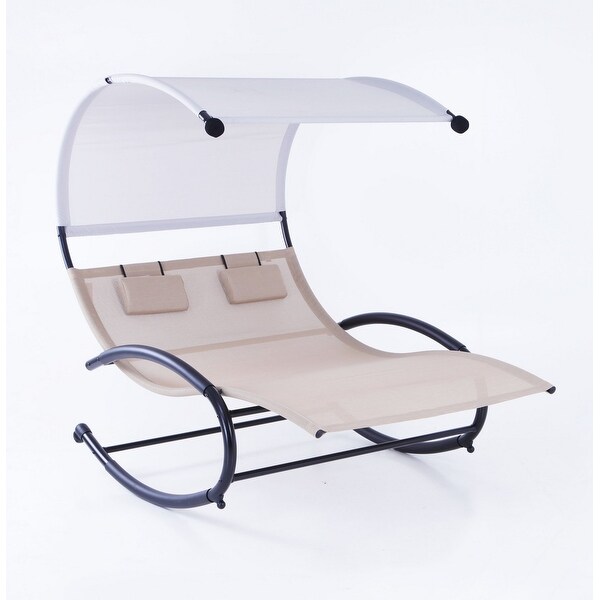 Belleze Double Chaise Rocker Patio Furniture Chair Canopy Pool Swing Rocker Steel, Beige