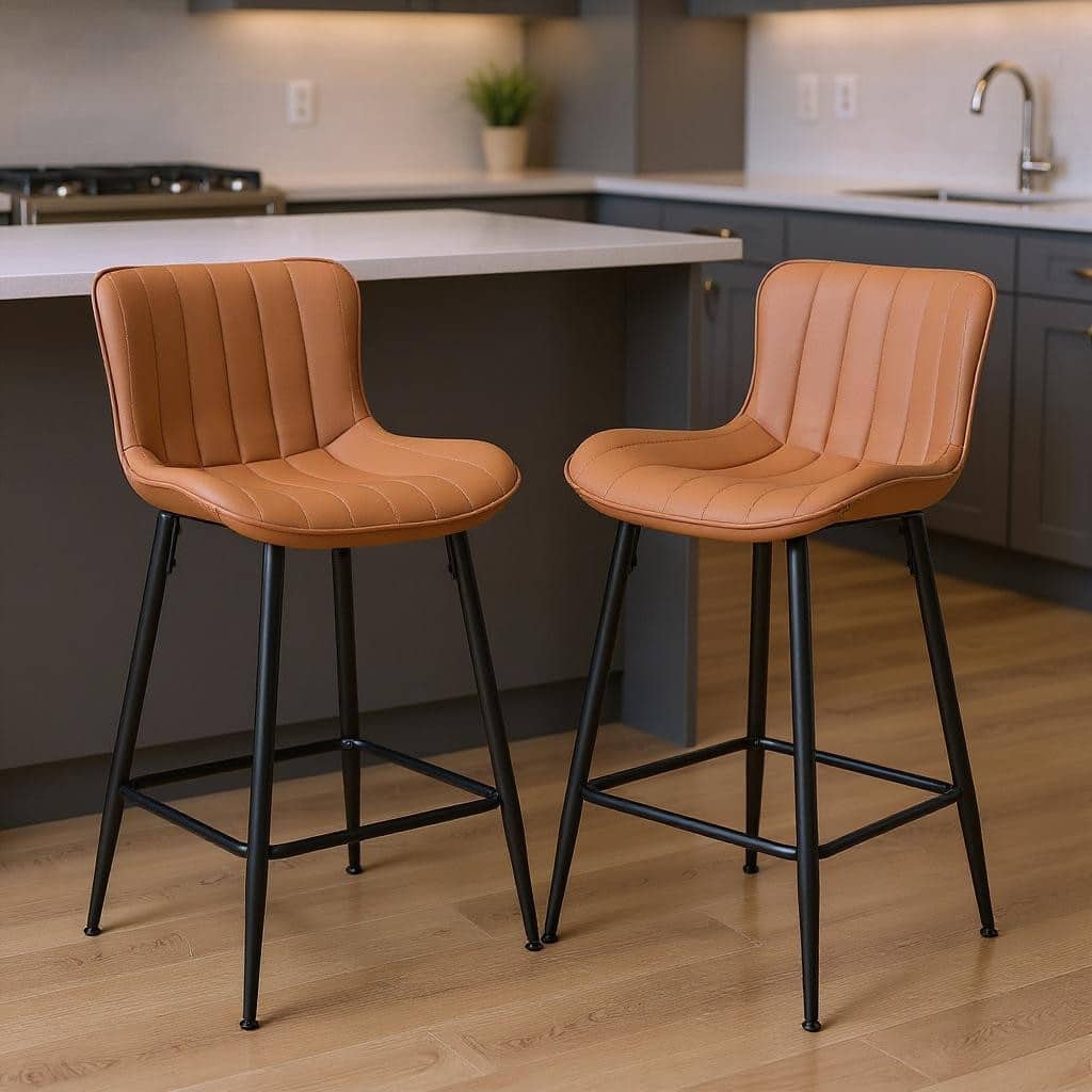 HomeRoots Set of Two 27" Brown and Black Faux Leather and Metal Low Back Counter Height Bar Chairs