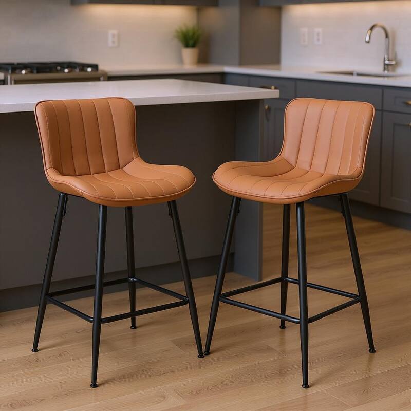 HomeRoots Set of Two 27" Brown and Black Faux Leather and Metal Low Back Counter Height Bar Chairs - Counter Height - Brown - Set of 2