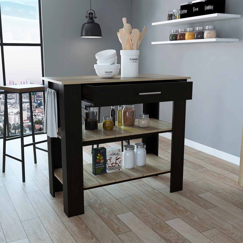 Kitchen Island - Rustic Bar Cart - Black Wengue & Light Oak Finish - Storage Solution