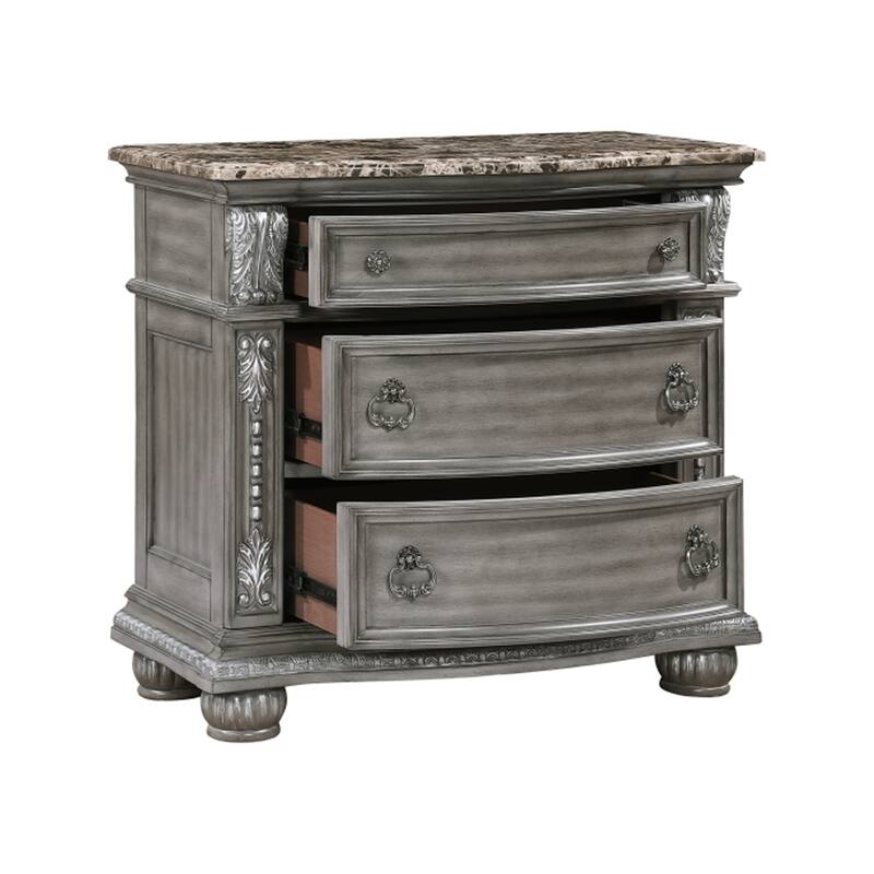 Toga 3 Drawer Nightstand, Gray Acacia Wood Carved Details, 35 Inch