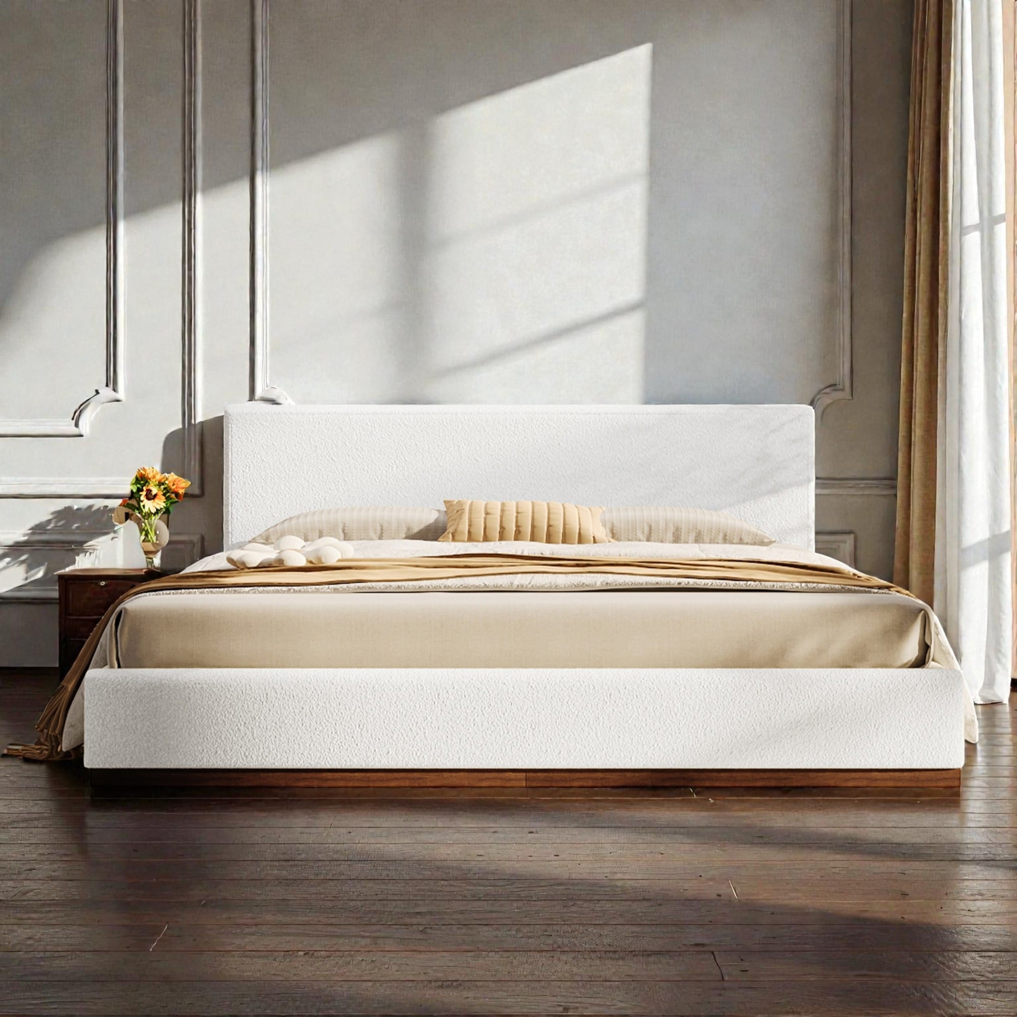 White Fabric Upholstered Bed with Boucle Headboard and Solid Wood Grain Base Frame, No Box Spring Needed