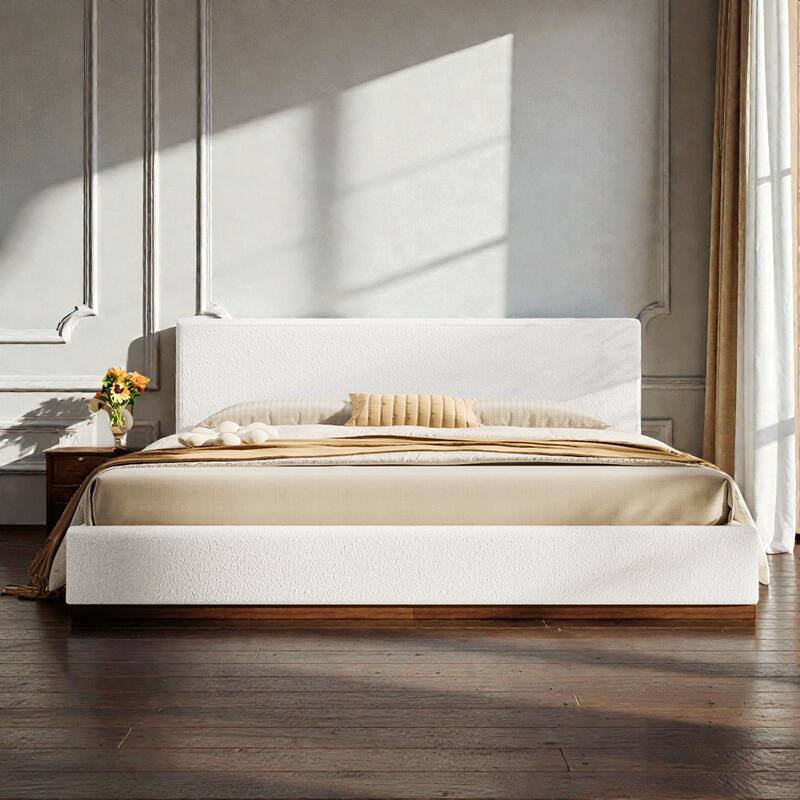 White Fabric Upholstered Bed with Boucle Headboard and Solid Wood Grain Base Frame, No Box Spring Needed - White - King